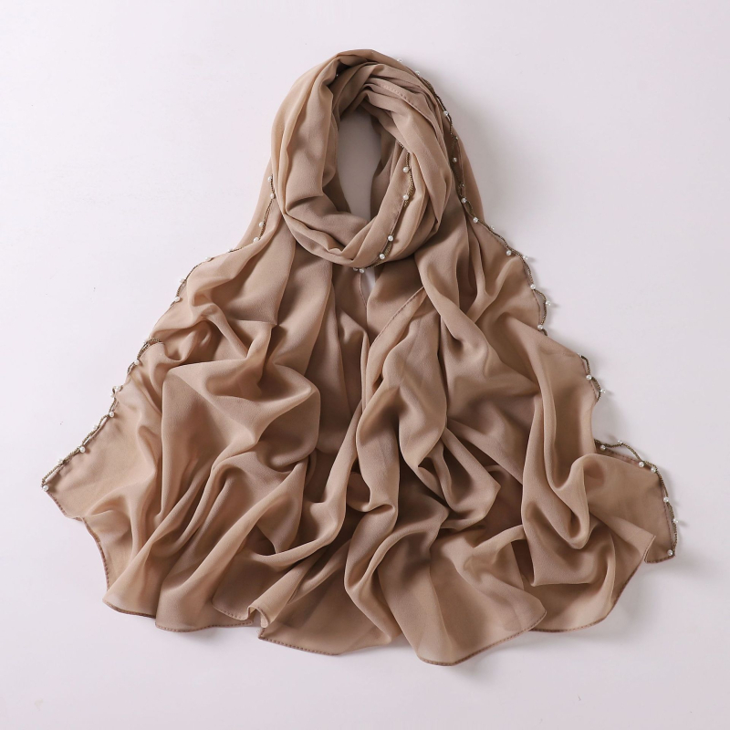 Gyöngyös chiffon sál hullámos szélekkel, kézzel készített etnikai fejkendő, Malay stílus, méret 175×70 cm