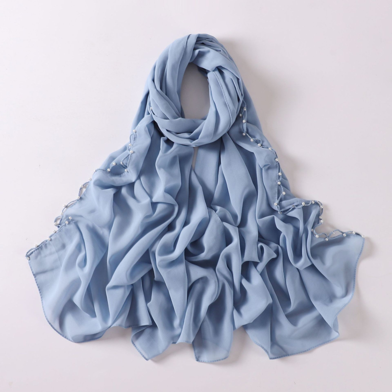 Gyöngyös chiffon sál hullámos szélekkel, kézzel készített etnikai fejkendő, Malay stílus, méret 175×70 cm