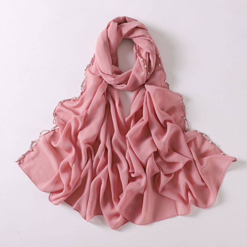 Gyöngyös chiffon sál hullámos szélekkel, kézzel készített etnikai fejkendő, Malay stílus, méret 175×70 cm