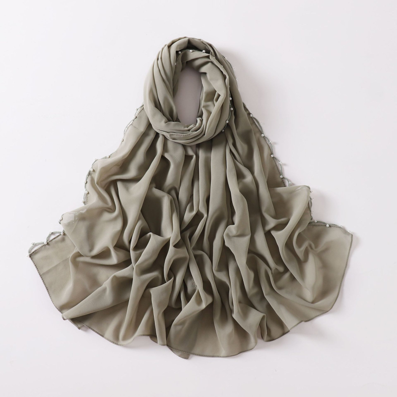 Gyöngyös chiffon sál hullámos szélekkel, kézzel készített etnikai fejkendő, Malay stílus, méret 175×70 cm