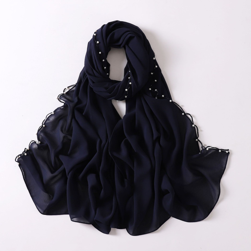 Gyöngyös chiffon sál hullámos szélekkel, kézzel készített etnikai fejkendő, Malay stílus, méret 175×70 cm