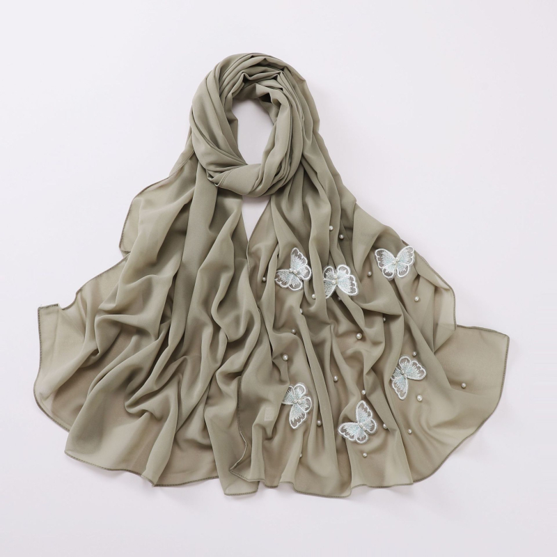 Chiffon sál gyöngyökkel díszített, 3D pillangó virágokkal, etnikus fejkendő, maláj stílus, méret 175×70 cm