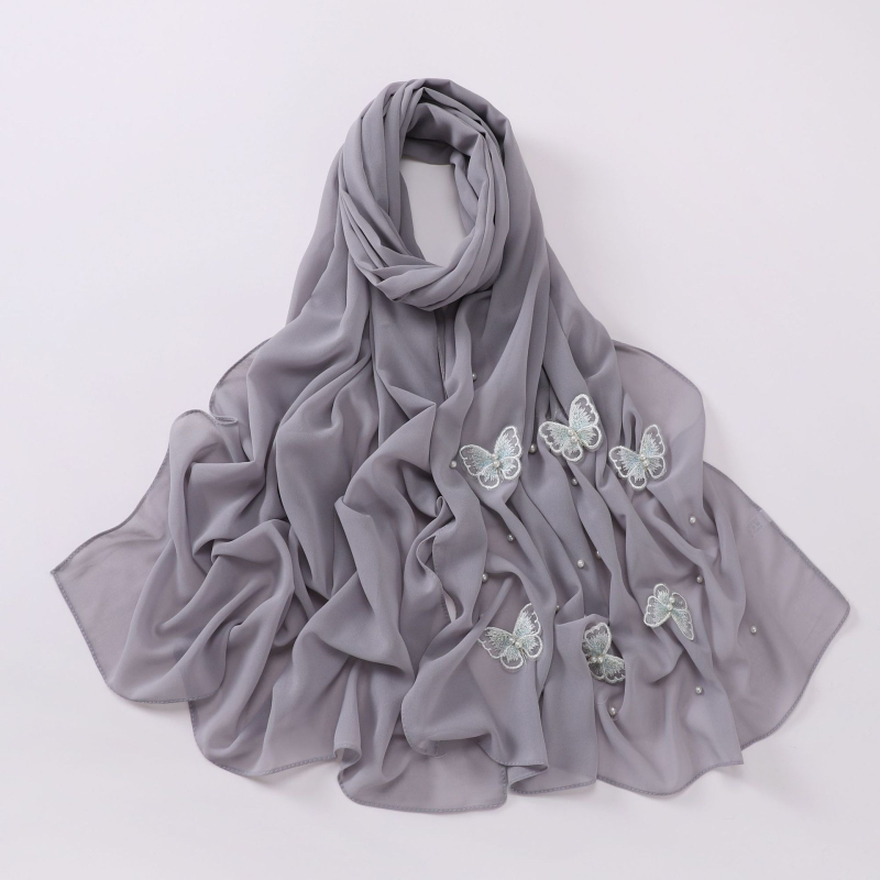 Chiffon sál gyöngyökkel díszített, 3D pillangó virágokkal, etnikus fejkendő, maláj stílus, méret 175×70 cm
