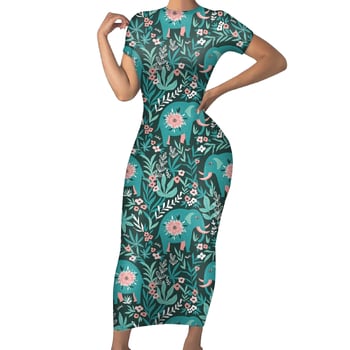 Rochie lungă cu imprimeu floral cu leneși, rochie lungă drăguță cu decolteu rotund din alpaca, disponibilă în dropshipping.