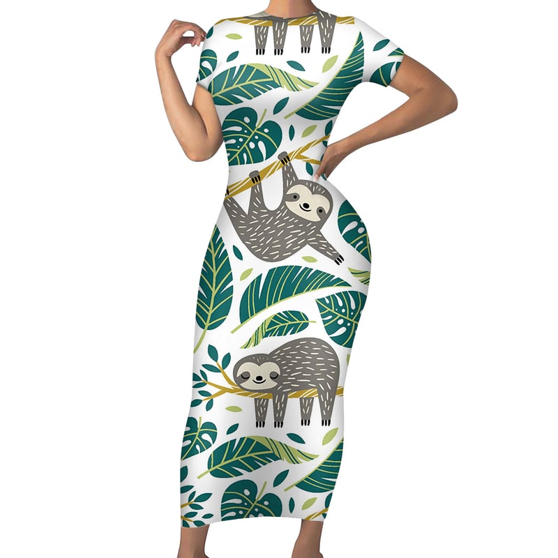 Rochie lungă cu imprimeu floral cu leneși, rochie lungă drăguță cu decolteu rotund din alpaca, disponibilă în dropshipping.