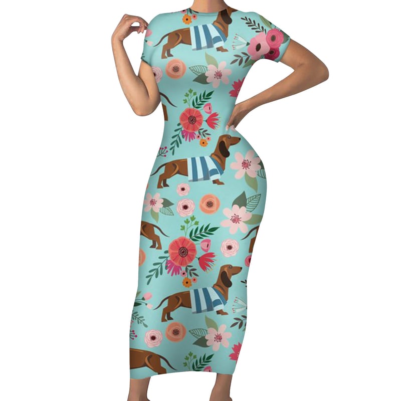 Rochie lungă cu imprimeu floral cu leneși, rochie lungă drăguță cu decolteu rotund din alpaca, disponibilă în dropshipping.
