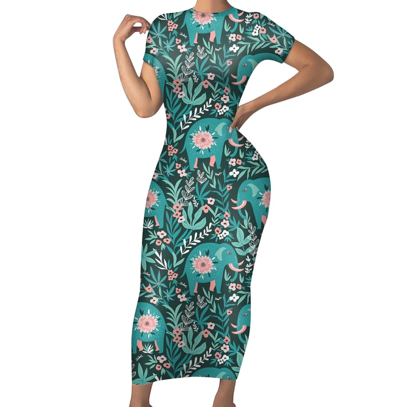 Rochie lungă cu imprimeu floral cu leneși, rochie lungă drăguță cu decolteu rotund din alpaca, disponibilă în dropshipping.