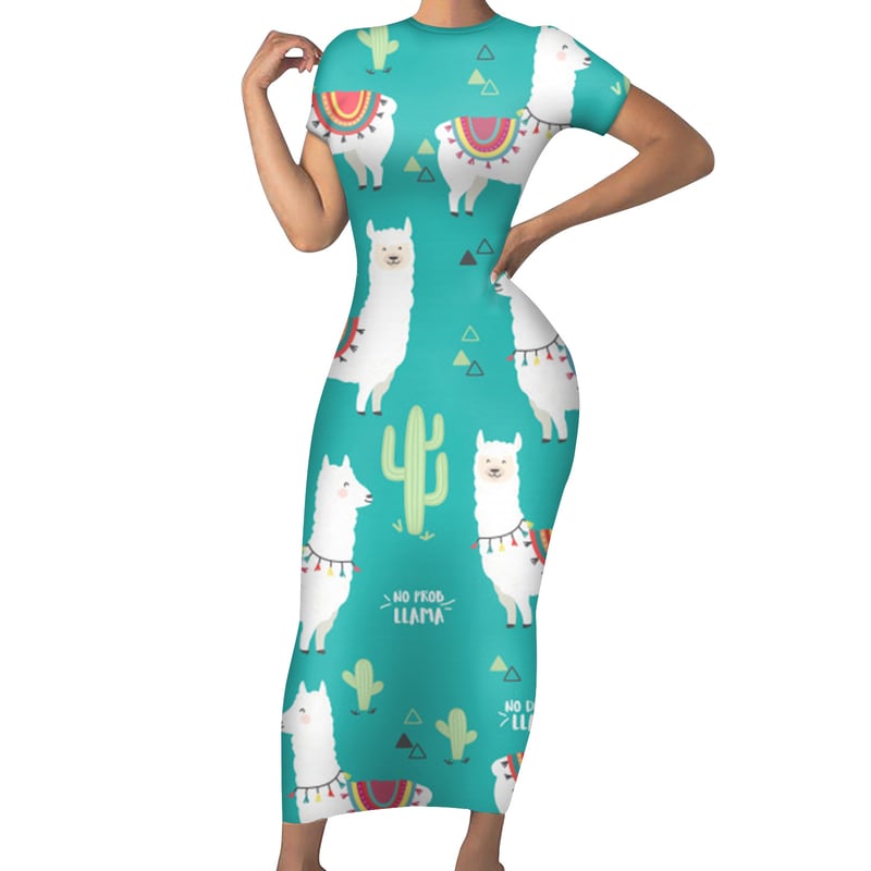 Rochie lungă cu imprimeu floral cu leneși, rochie lungă drăguță cu decolteu rotund din alpaca, disponibilă în dropshipping.