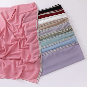 Ženski hijab od šifona s dugim rubom ukrašenim dijamantima, jednofarbna perlna boja, 175 × 70 cm