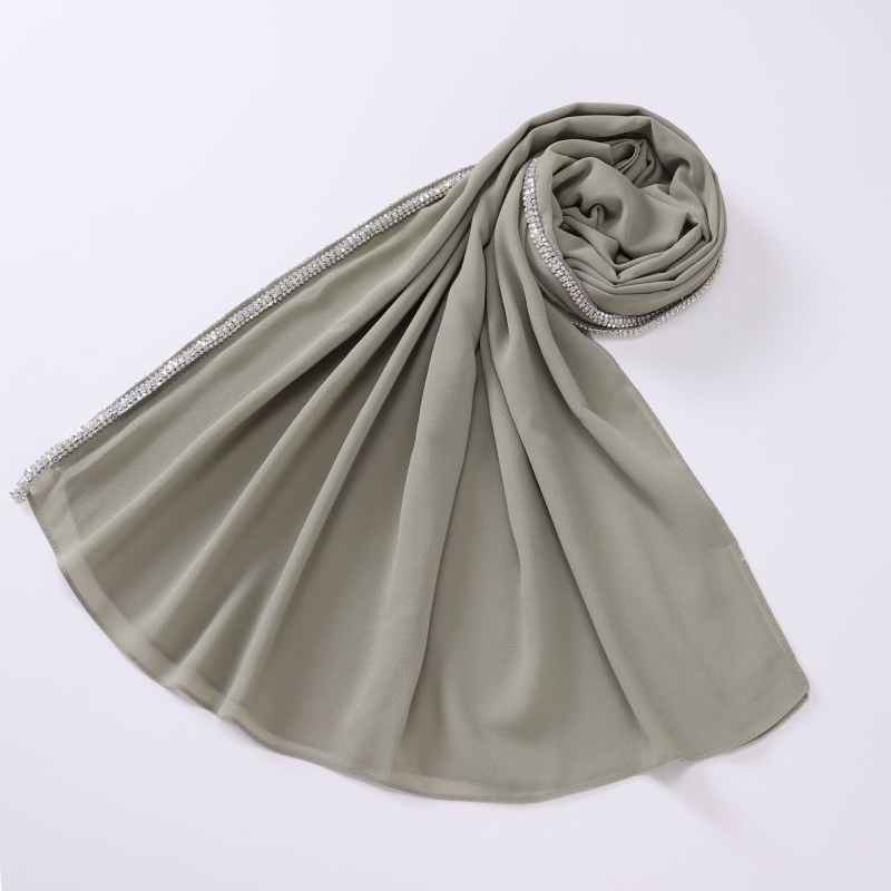Ženski hijab od šifona s dugim rubom ukrašenim dijamantima, jednofarbna perlna boja, 175 × 70 cm