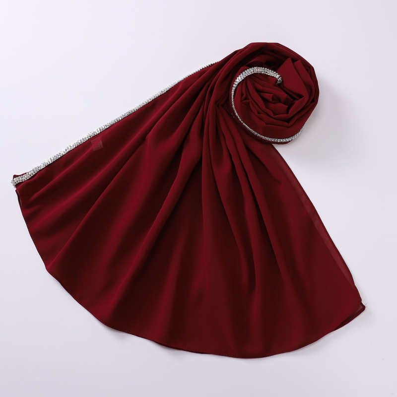Ženski hijab od šifona s dugim rubom ukrašenim dijamantima, jednofarbna perlna boja, 175 × 70 cm