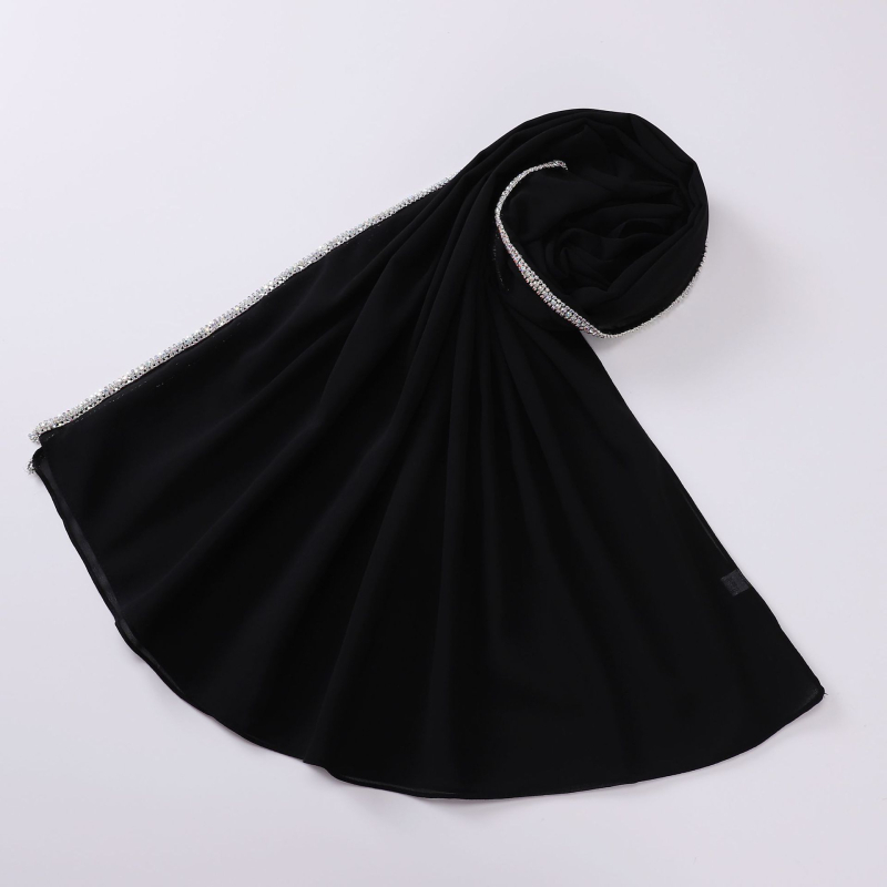 Ženski hijab od šifona s dugim rubom ukrašenim dijamantima, jednofarbna perlna boja, 175 × 70 cm