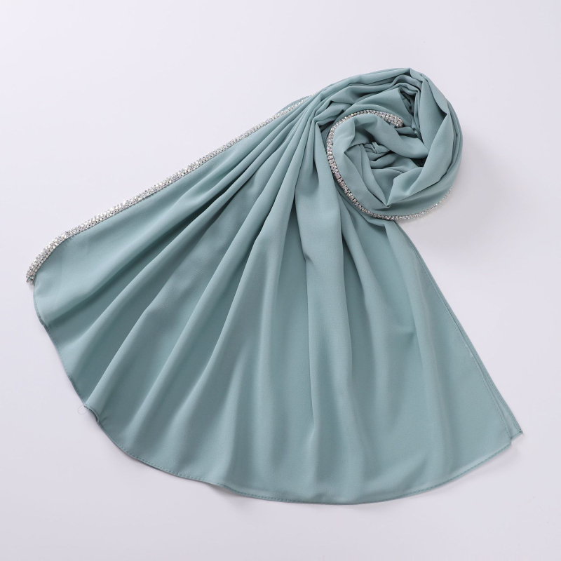 Ženski hijab od šifona s dugim rubom ukrašenim dijamantima, jednofarbna perlna boja, 175 × 70 cm