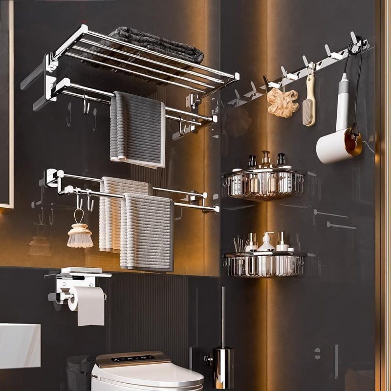 Kúpeľňový vešiak na uteráky z medeného materiálu, skladací úložný regál, moderný minimalistický štýl, šesťdielny set