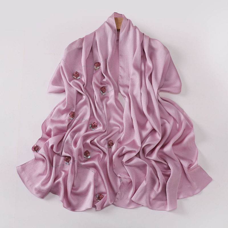 Hosszú szatén-chiffon sál nőknek, rózsa mintával, könnyű, elegáns kendő
