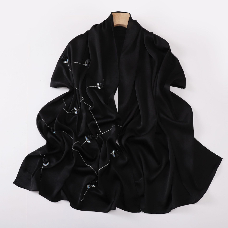 Hosszú szatén-chiffon sál nőknek, rózsa mintával, könnyű, elegáns kendő