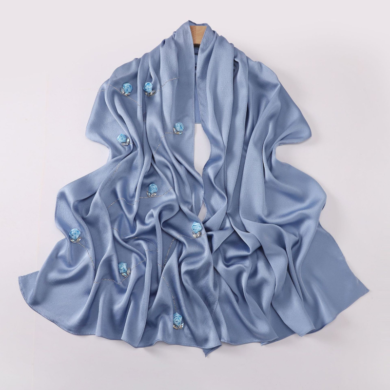 Hosszú szatén-chiffon sál nőknek, rózsa mintával, könnyű, elegáns kendő