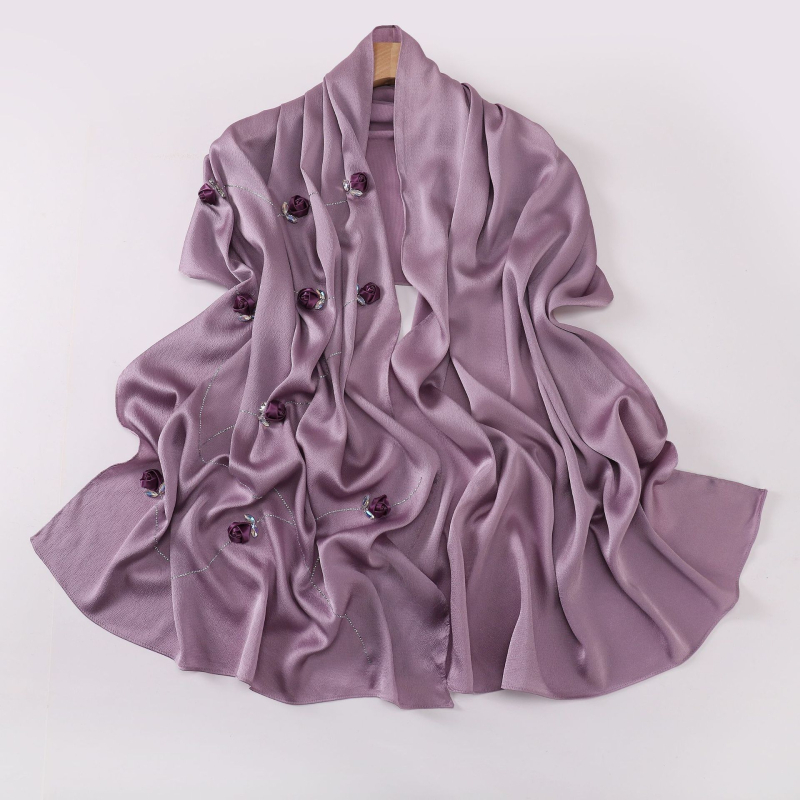 Hosszú szatén-chiffon sál nőknek, rózsa mintával, könnyű, elegáns kendő