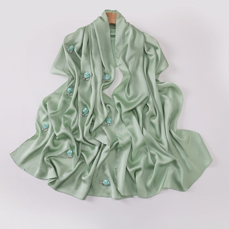 Hosszú szatén-chiffon sál nőknek, rózsa mintával, könnyű, elegáns kendő