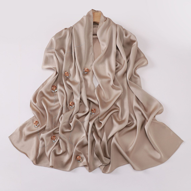 Hosszú szatén-chiffon sál nőknek, rózsa mintával, könnyű, elegáns kendő