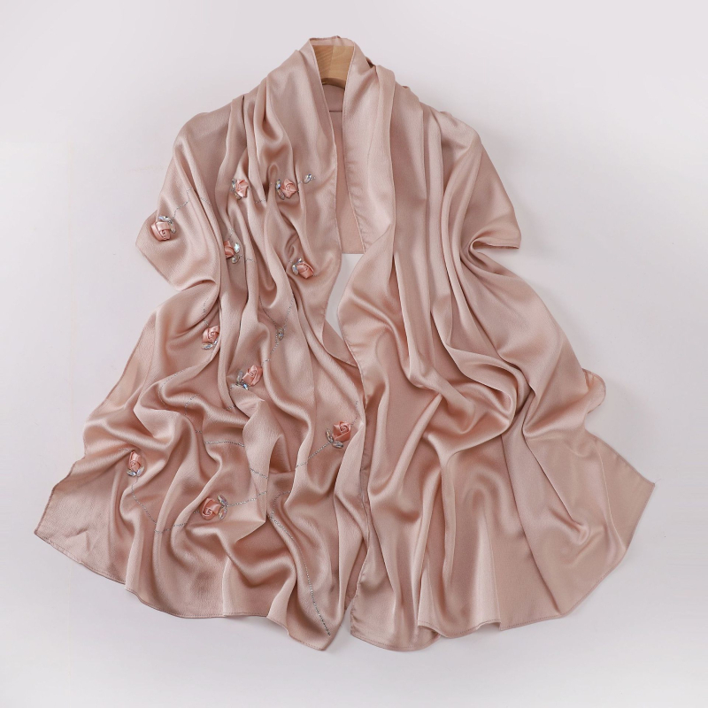 Hosszú szatén-chiffon sál nőknek, rózsa mintával, könnyű, elegáns kendő