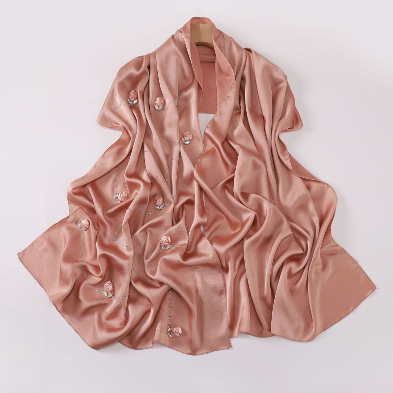Hosszú szatén-chiffon sál nőknek, rózsa mintával, könnyű, elegáns kendő