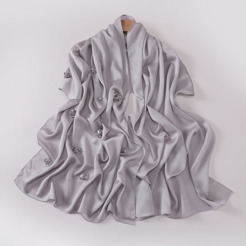 Hosszú szatén-chiffon sál nőknek, rózsa mintával, könnyű, elegáns kendő