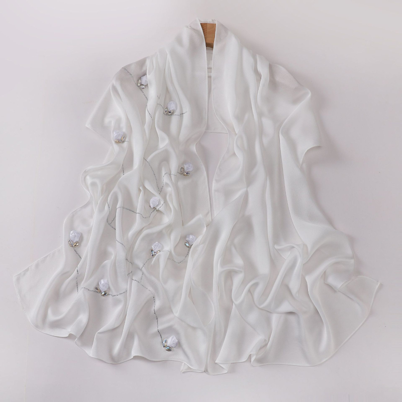Hosszú szatén-chiffon sál nőknek, rózsa mintával, könnyű, elegáns kendő