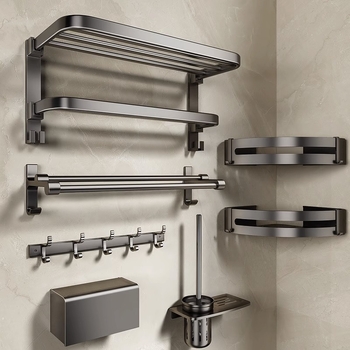 Bezvŕtový nástenný držiak na uteráky, gunmetal sivá, hliník, moderný minimalistický štýl, set s 6 dielmi a viac pre kúpeľňu