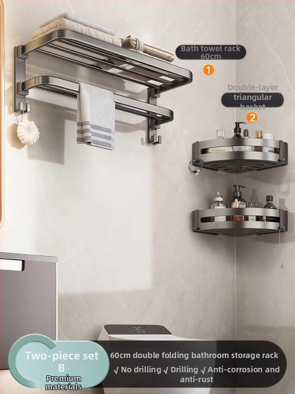 Bezvŕtový nástenný držiak na uteráky, gunmetal sivá, hliník, moderný minimalistický štýl, set s 6 dielmi a viac pre kúpeľňu