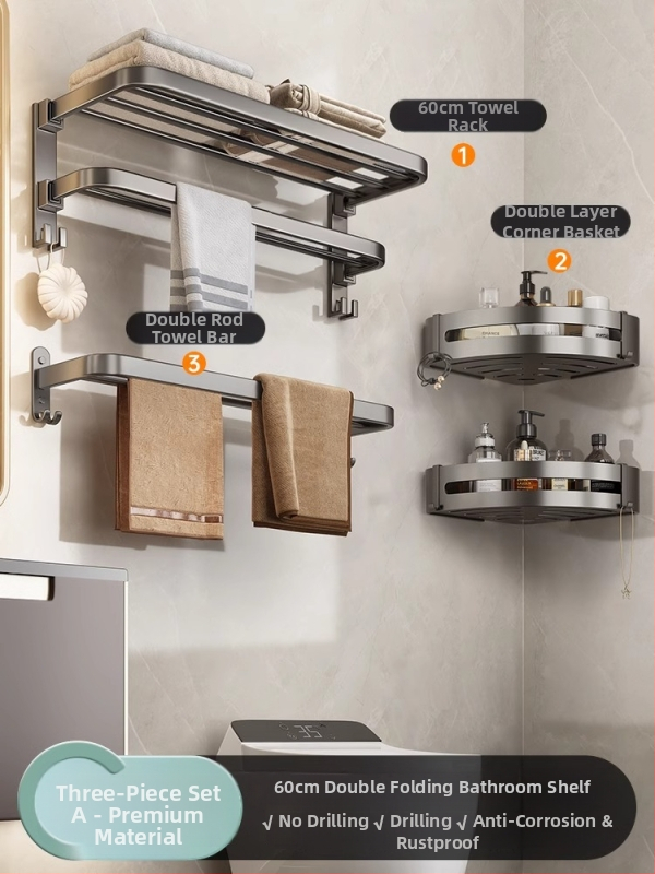 Bezvŕtový nástenný držiak na uteráky, gunmetal sivá, hliník, moderný minimalistický štýl, set s 6 dielmi a viac pre kúpeľňu