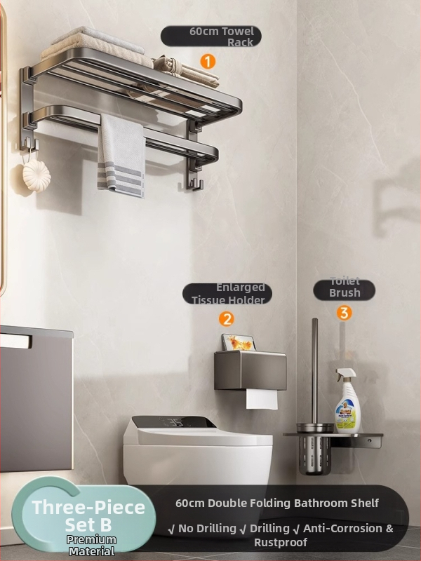 Bezvŕtový nástenný držiak na uteráky, gunmetal sivá, hliník, moderný minimalistický štýl, set s 6 dielmi a viac pre kúpeľňu
