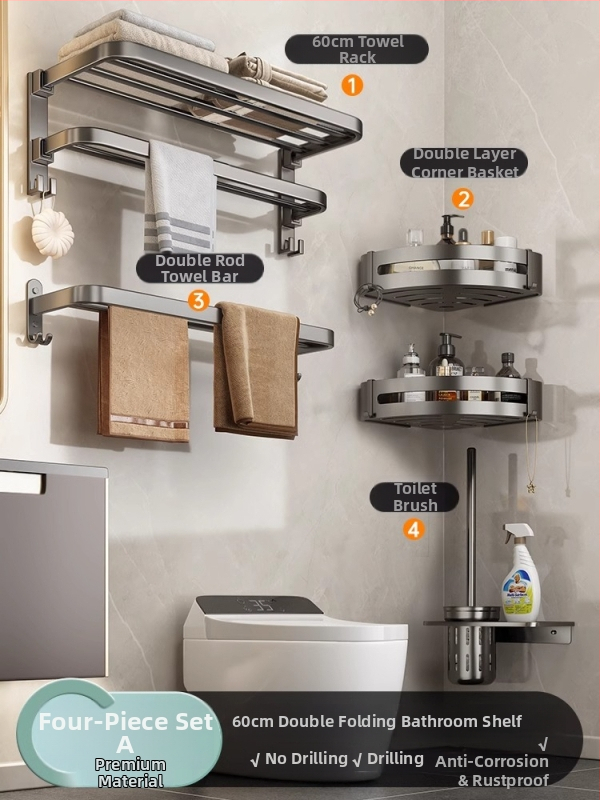 Bezvŕtový nástenný držiak na uteráky, gunmetal sivá, hliník, moderný minimalistický štýl, set s 6 dielmi a viac pre kúpeľňu