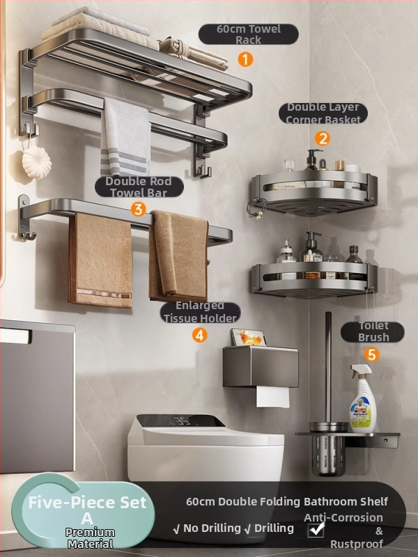 Bezvŕtový nástenný držiak na uteráky, gunmetal sivá, hliník, moderný minimalistický štýl, set s 6 dielmi a viac pre kúpeľňu