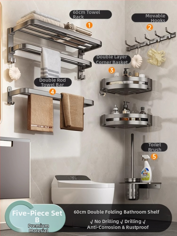 Bezvŕtový nástenný držiak na uteráky, gunmetal sivá, hliník, moderný minimalistický štýl, set s 6 dielmi a viac pre kúpeľňu