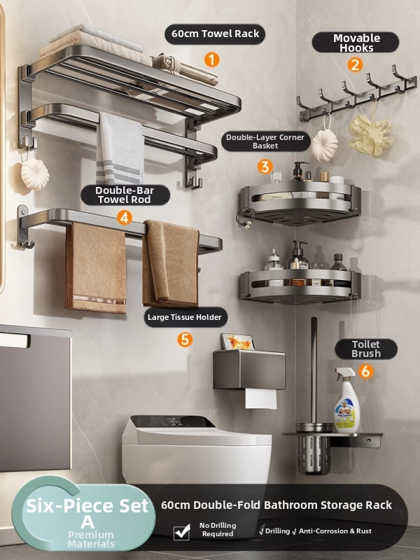 Bezvŕtový nástenný držiak na uteráky, gunmetal sivá, hliník, moderný minimalistický štýl, set s 6 dielmi a viac pre kúpeľňu