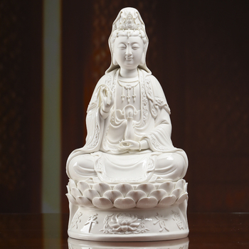 Socha Guanyin Bodhisattva, sediaca na lotose, s úsmevom, porcelánová dekorácia do domácnosti