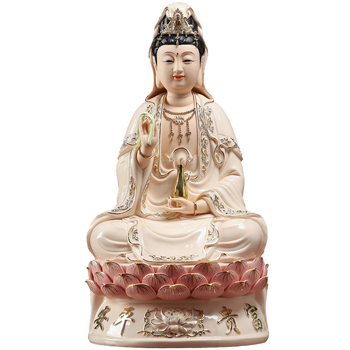 Socha Guanyin Bodhisattva, sediaca na lotose, s úsmevom, porcelánová dekorácia do domácnosti