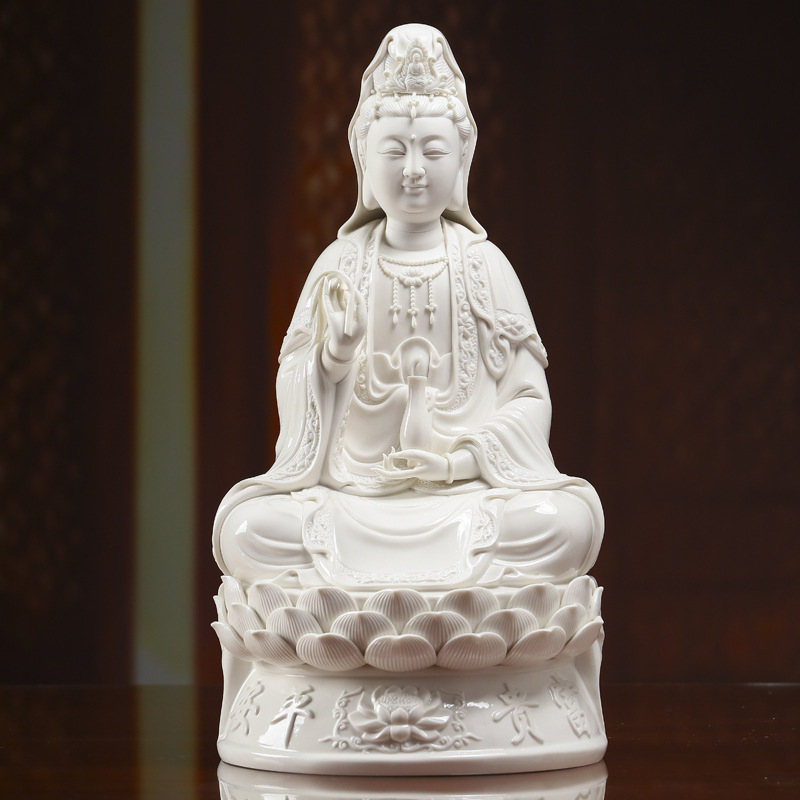 Socha Guanyin Bodhisattva, sediaca na lotose, s úsmevom, porcelánová dekorácia do domácnosti