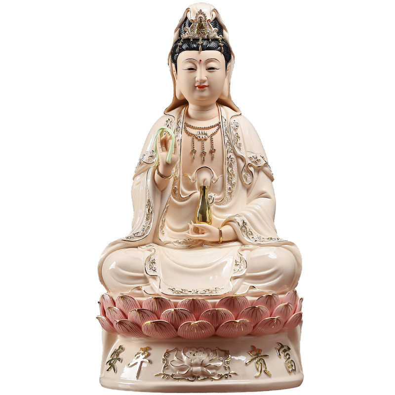 Socha Guanyin Bodhisattva, sediaca na lotose, s úsmevom, porcelánová dekorácia do domácnosti