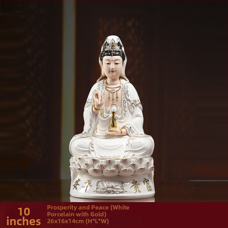 Socha Guanyin Bodhisattva, sediaca na lotose, s úsmevom, porcelánová dekorácia do domácnosti