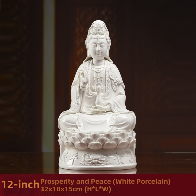 Socha Guanyin Bodhisattva, sediaca na lotose, s úsmevom, porcelánová dekorácia do domácnosti