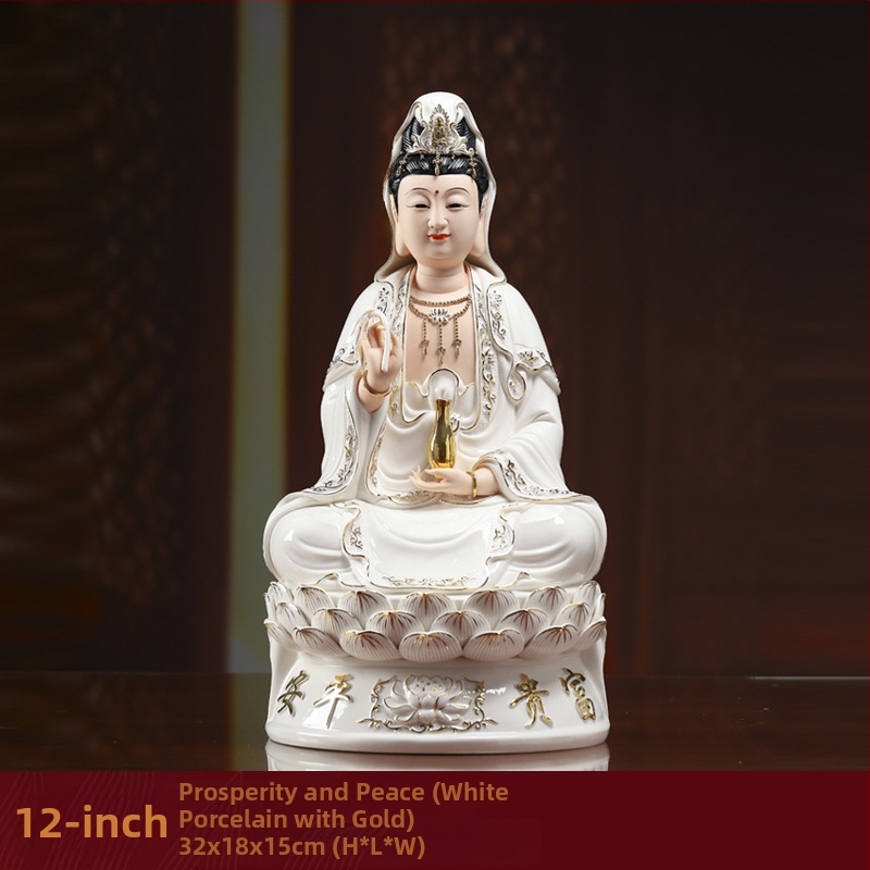 Socha Guanyin Bodhisattva, sediaca na lotose, s úsmevom, porcelánová dekorácia do domácnosti
