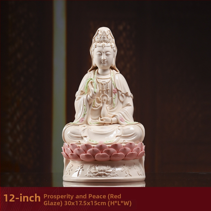 Socha Guanyin Bodhisattva, sediaca na lotose, s úsmevom, porcelánová dekorácia do domácnosti