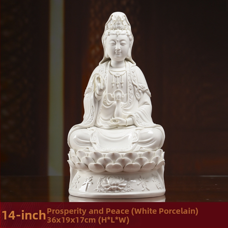 Socha Guanyin Bodhisattva, sediaca na lotose, s úsmevom, porcelánová dekorácia do domácnosti