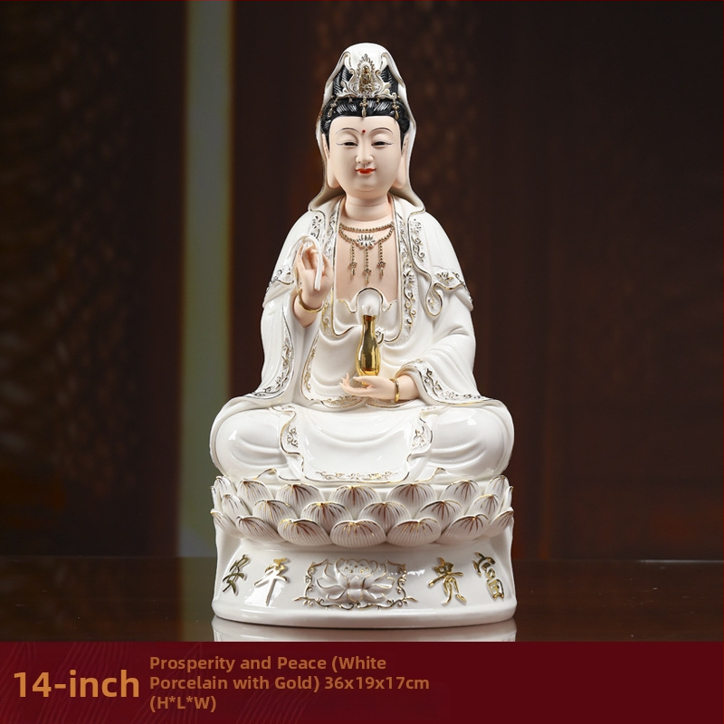 Socha Guanyin Bodhisattva, sediaca na lotose, s úsmevom, porcelánová dekorácia do domácnosti