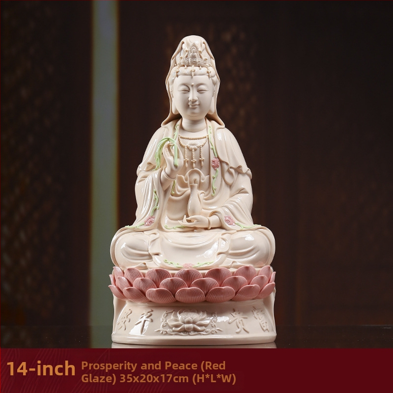 Socha Guanyin Bodhisattva, sediaca na lotose, s úsmevom, porcelánová dekorácia do domácnosti