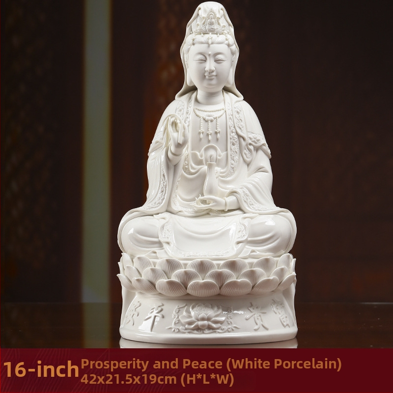 Socha Guanyin Bodhisattva, sediaca na lotose, s úsmevom, porcelánová dekorácia do domácnosti