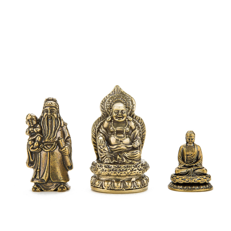 Retro mosadzové sošky Budhu: Guanyin, Šakjamuni a Ksitigarbha pre domovú dekoráciu