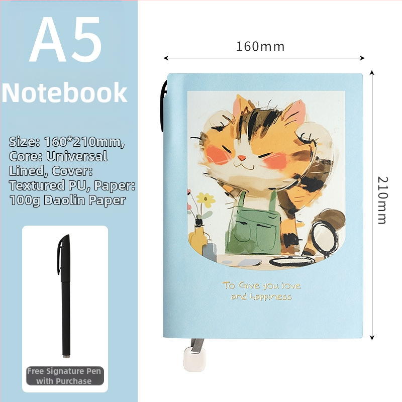 Notebook s farebnou karikatúrnou ilustráciou, hrubé mäkké kožené vyzerajúce puzdro, stránky s vodorovnými riadkami
